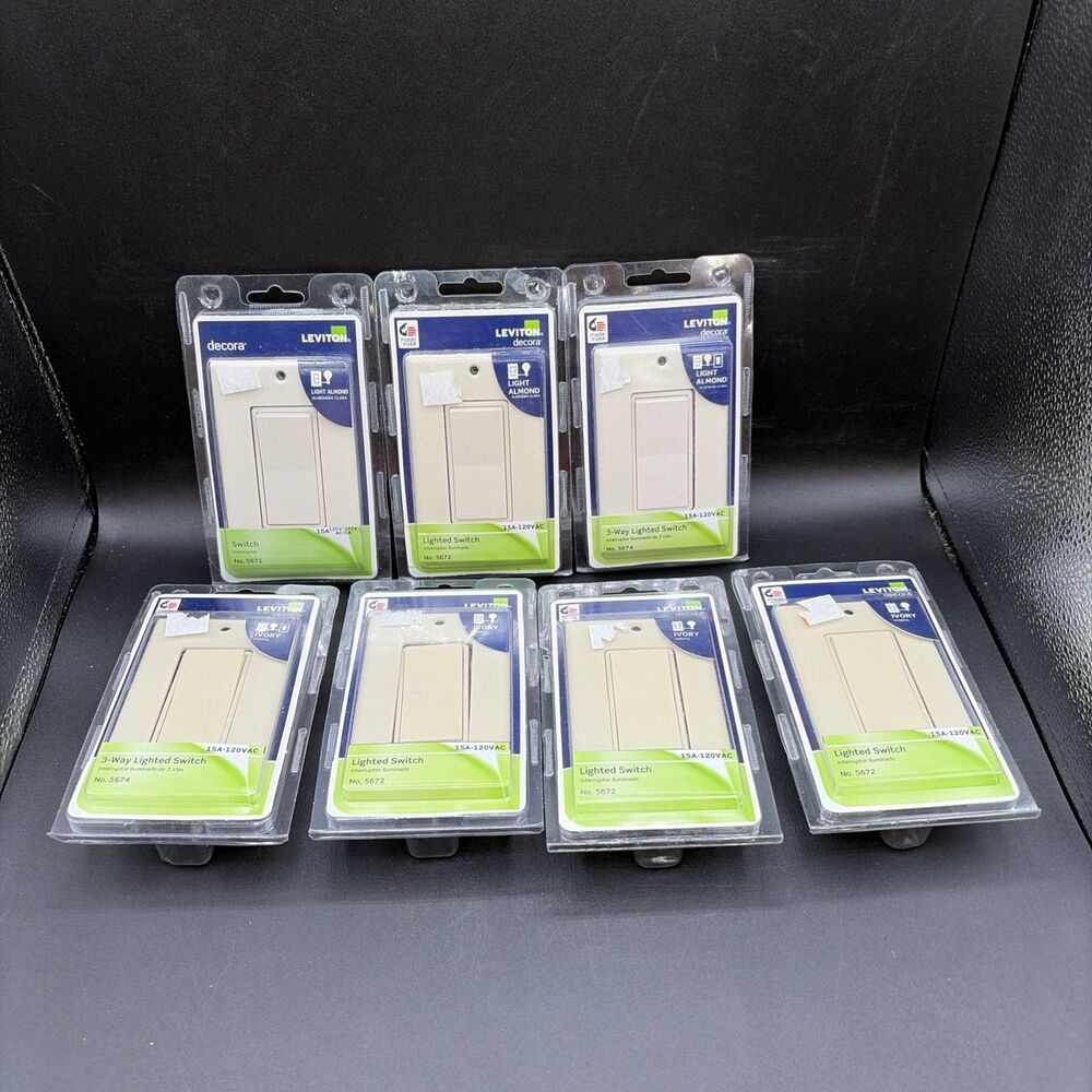 Lot Of 7 Leviton Decora Lighted Rocker Switch Light Almond / Ivory #5672